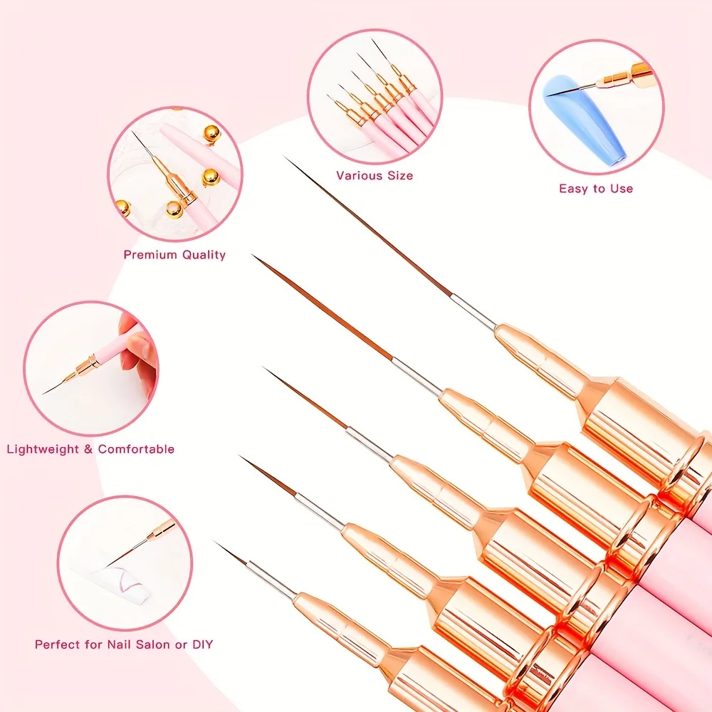 5pcs Nail Art Brush Set Detailer Striping Brush Fine Line Pens UV Gel Polish Painting Manicure Tools