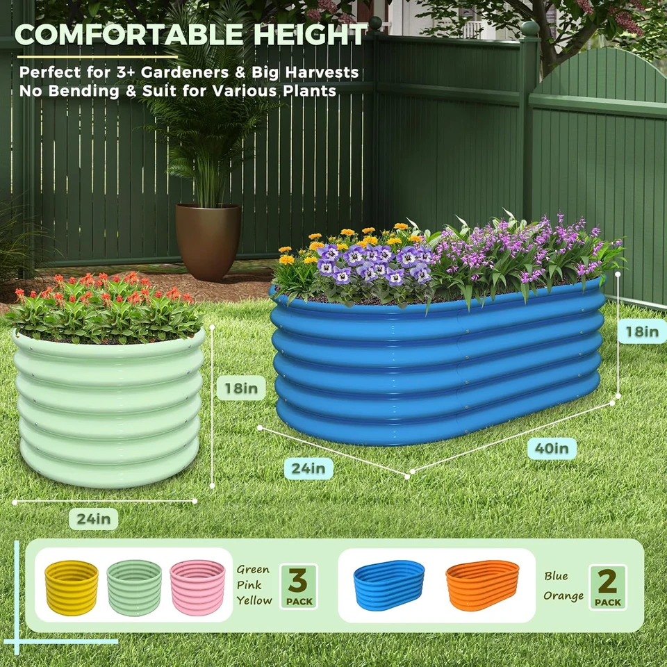 COWLOWN Green 4-Pack Garden Beds Outdoor, Round Galvanized Metal Planter Box For Planting Vegetables, Flowers, Fruits, Eco-Safe & Easy Setup