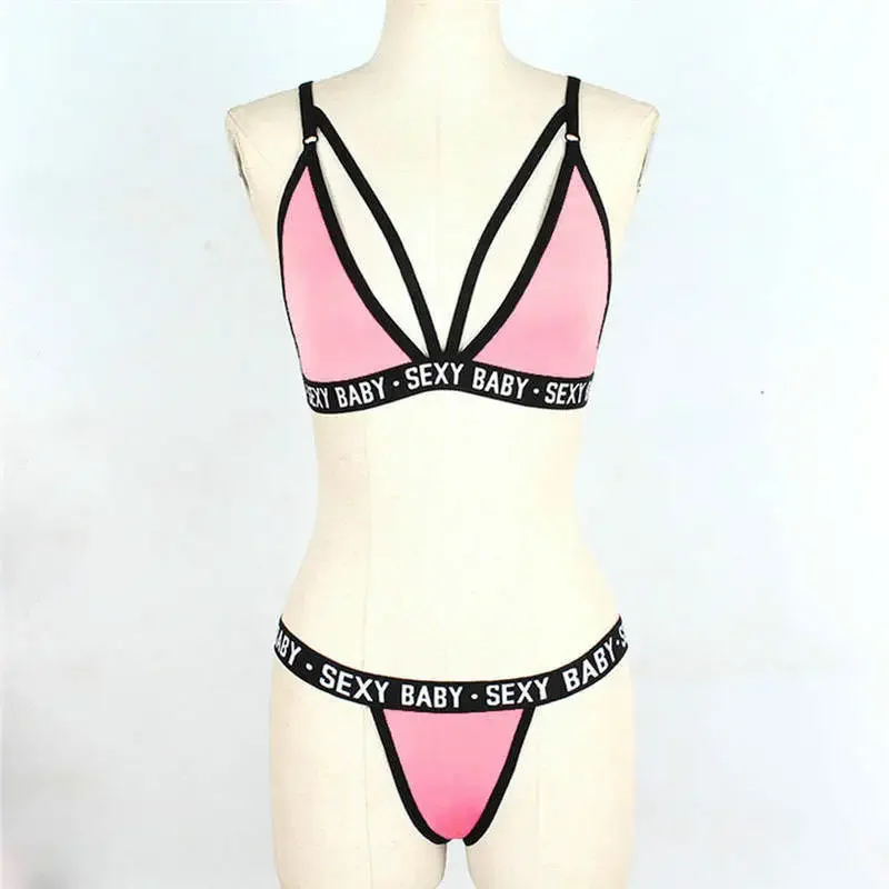 Women Lingerie Exotic Sets Sexy Women Sports Bra Set Without Underwire Bandage Corset Letter Bra + Thong Sexy Bikini Top Panties