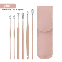 Stainless Steel Ear-Cleaning Spoon Kit with Leather Carrying Case (Pink.)