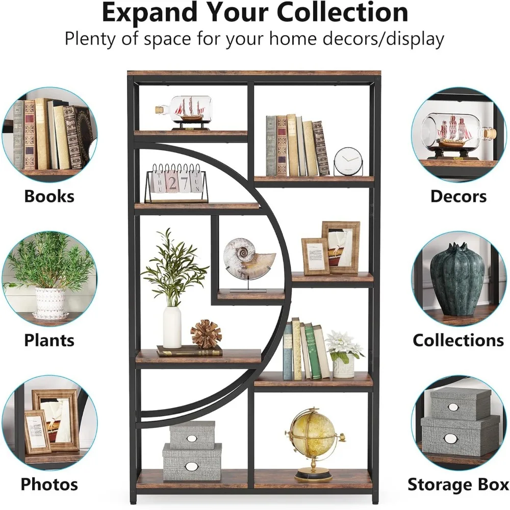 Bookshelf Industrial 5 Tier Etagere Bookcase, Freestanding Tall Bookshelves Display Shelf Storage Organizer 6