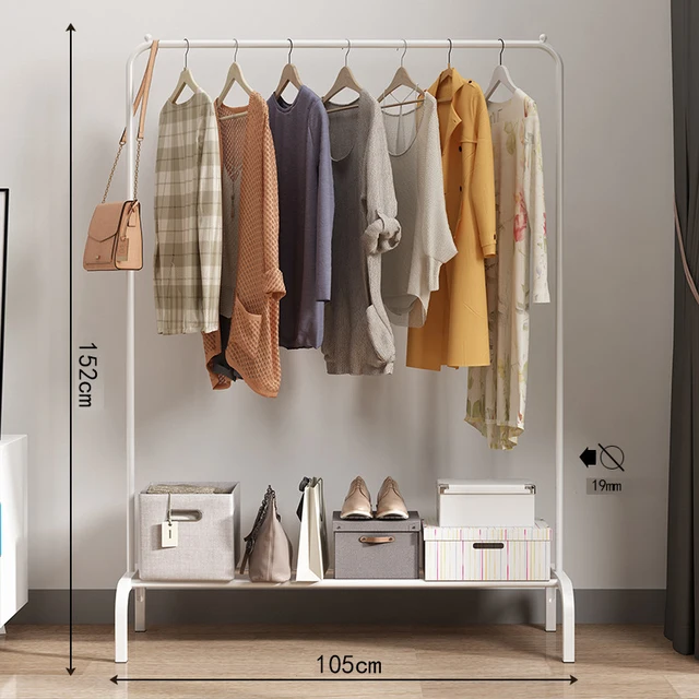 Garment Rack Floor Standing Clothes Hanger Double Pole Coat Rack Wardrobe Clothing Drying Rack Mobile Cloth Rail Home Furniture White 105cm