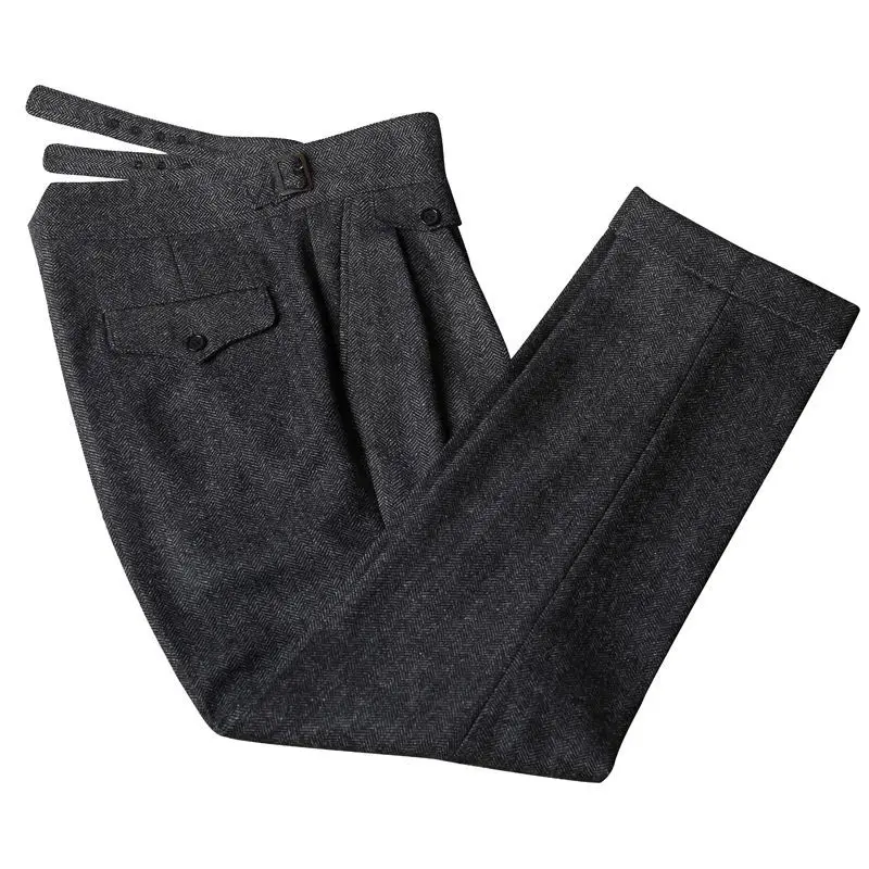 2024 Autumn Winter Woolen Business Suit Pants Men High Waist Streetwear Casual Herringbone Straight Suit Pant Q20 5