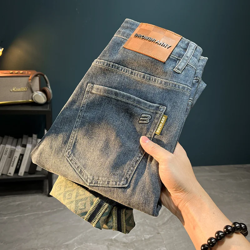 2024new summer high-end jeans men's thin breathable soft fashion brand printing slim tapered casual Stretch Slim Skinny pants