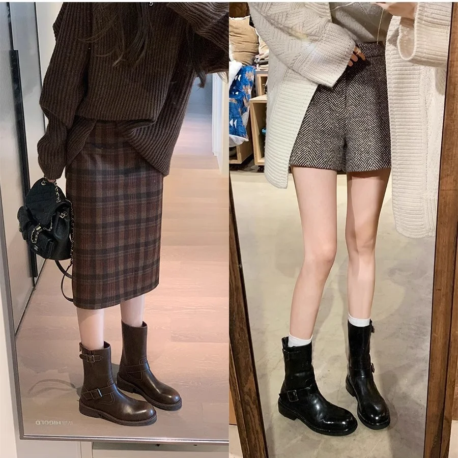 Modisches Schnallendesign, runde Zehenpartie aus Pferdeleder, kleiner dicker Absatz, hohe Absätze_voghion.com