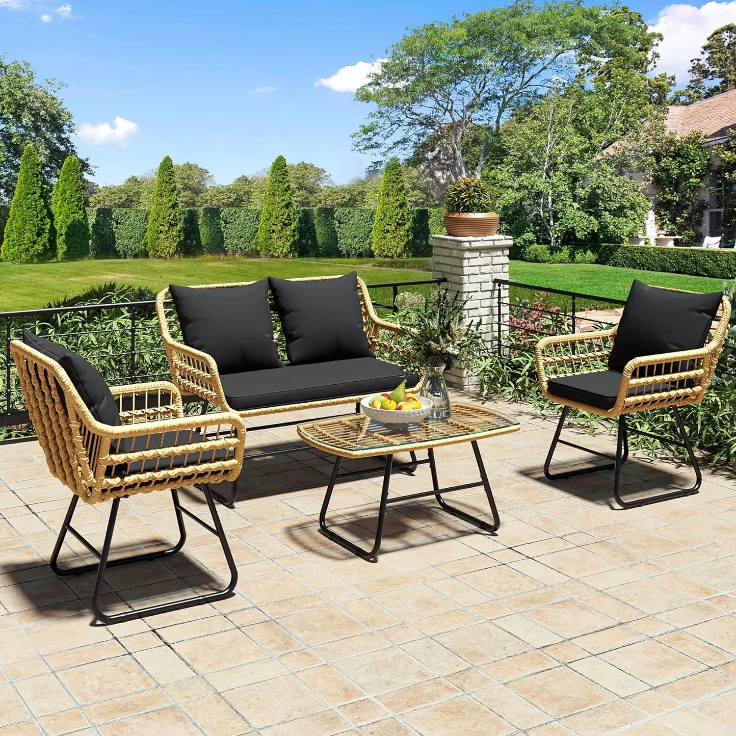 

4-Piece Patio Furniture Wicker Outdoor Bistro Set, All-Weather Rattan Conversation Loveseat Chairs for Backyard, Balcon