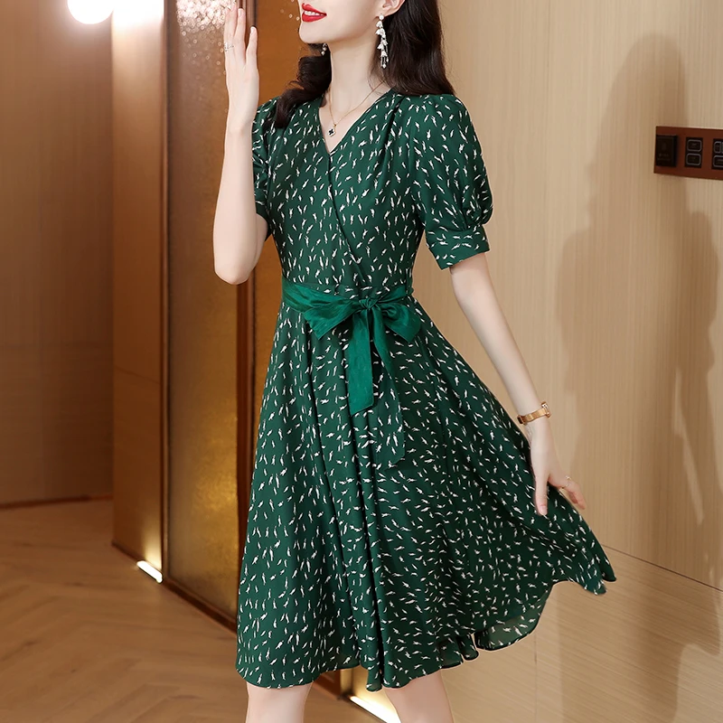 

2023 New Fashion Silk V-Neck Printed Dress Women's Summer Elegant Retro Versatile Waist Shrinking Leisure Holiday Dress Vestidos