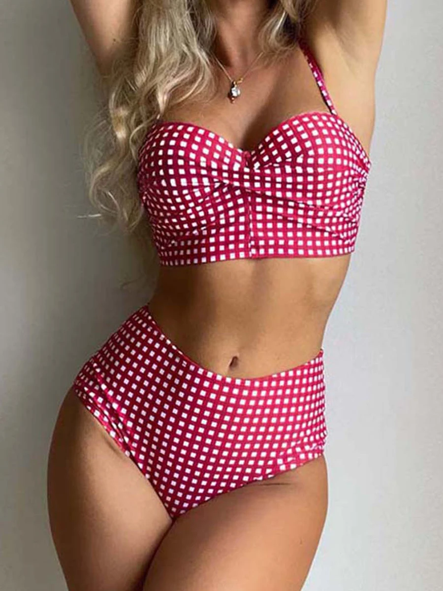 Bikini set women swimwear bikini swimsuit High Waist Gingham Printed Straped Padded Bathers