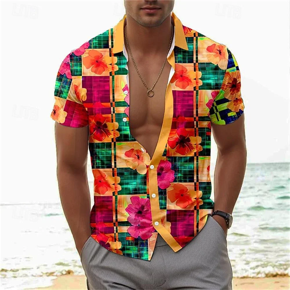 

Summer new men's retro printed plaid 3D printed short sleeved lapel button up shirt, comfortable and soft Hawaiian shirt