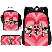 Cute P-PowerpuffS Girls pcs set Child School Backpack, Lunch Bags ,Pencil Bags ,School Bags for Boys Girls Best Gift