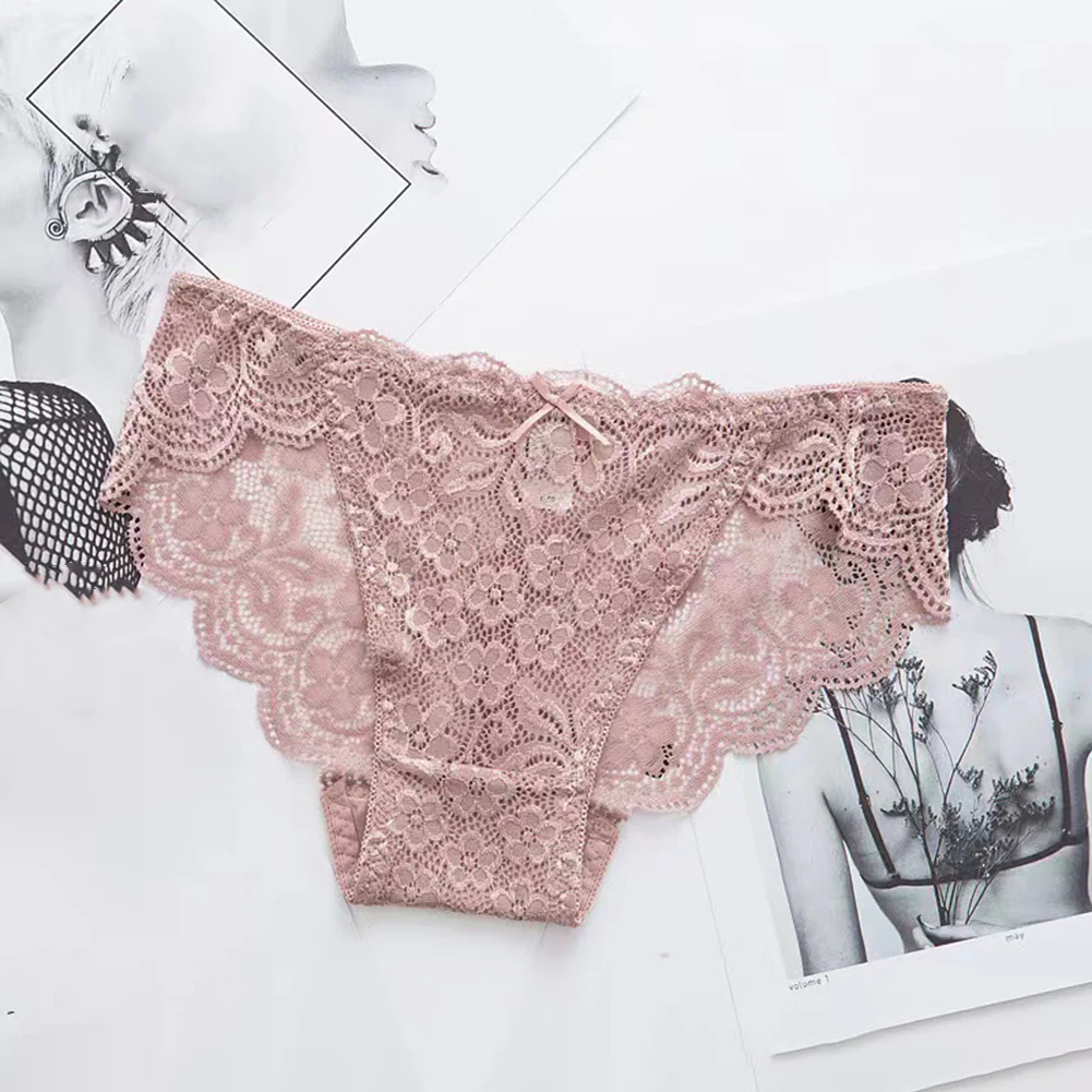 Women's Underwear Fashion Sexy Panties Ultra-Thin Briefs Solid Lingerie Lace Bow Thong Female Hollow Out Low Rise Underpants