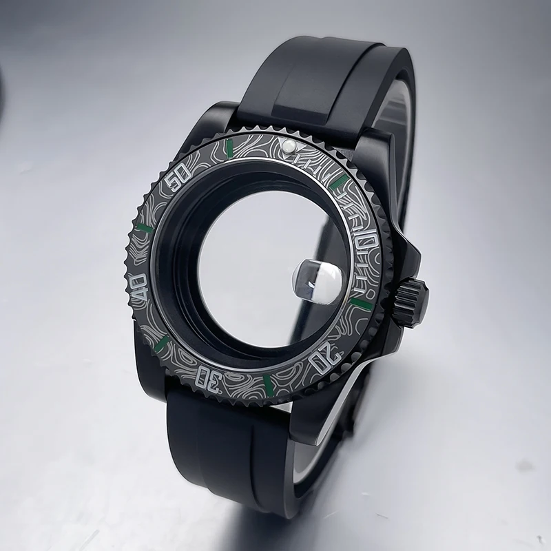 All-Black Sub Style Watch Case with Rubber Strap and Sapphire Crystal