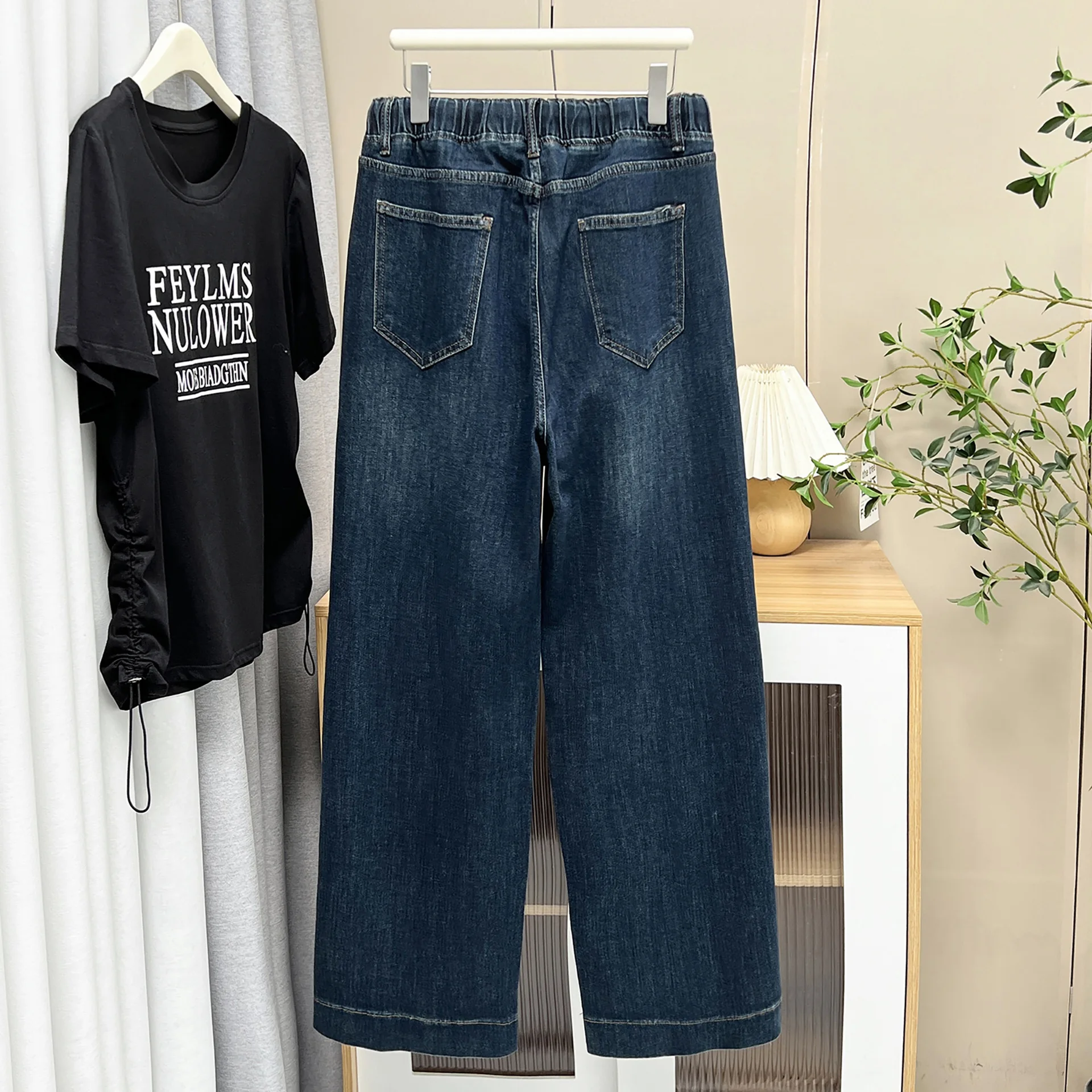 XXXXL Fashion Plus Size Women's Jeans Autumn New Drawstring Waisted Denim Straight Leg Pants Casual Full Length Trousers 1393