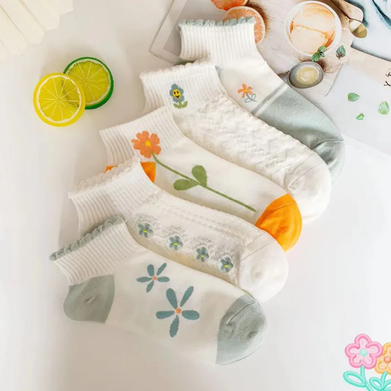 

5 пар, женские модные носки, топ, элегантные милые кружевные носки с милым цветочным принтом, дышащие носки без пятки, лето, Новинка