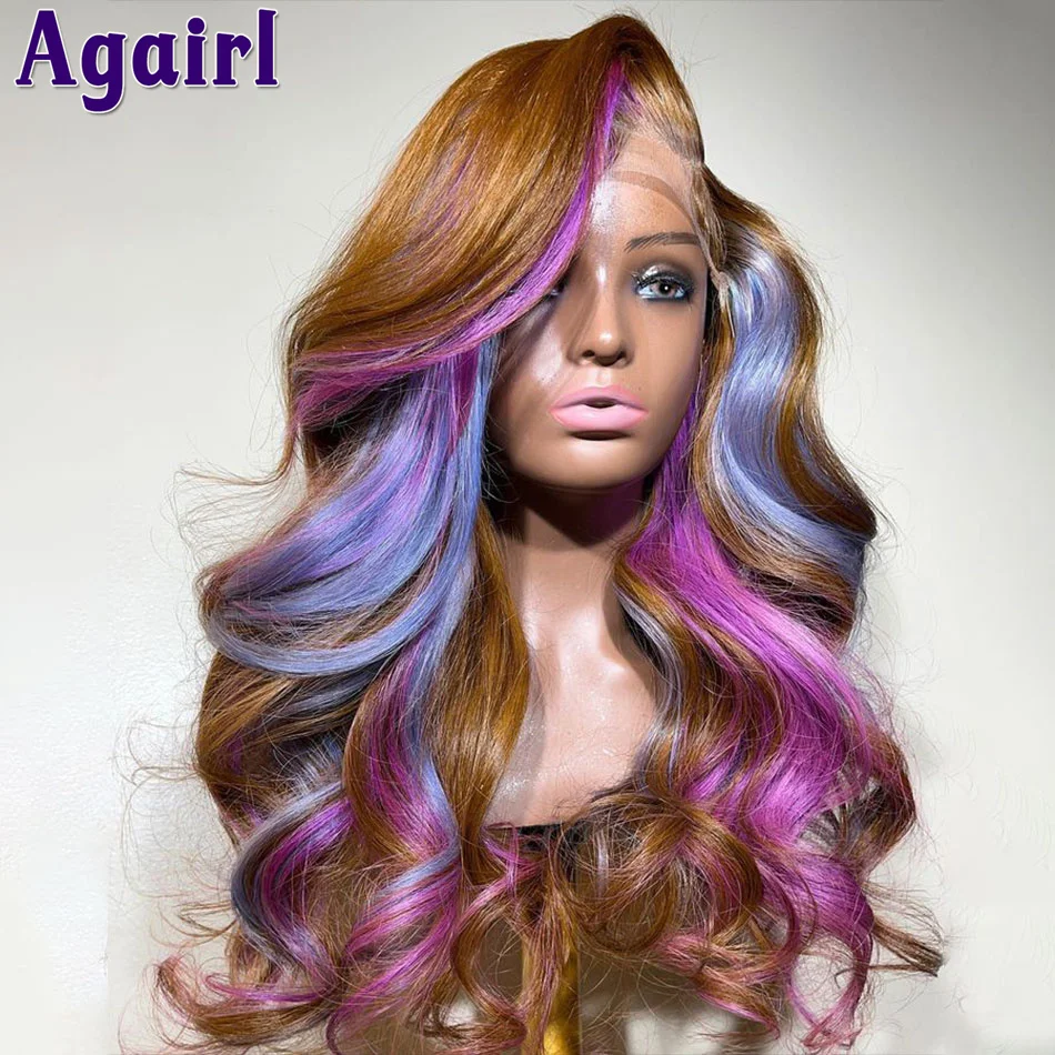 Lace Frontal Body Wave Human Hair Wig para mulheres, perucas coloridas, marrom, roxo, rosa, destaque, ondulado, 13x4, 613, 200%, 13x6