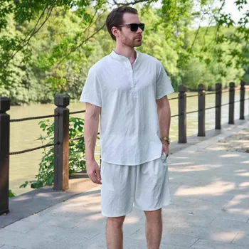 Men's outdoor casual jacquard stand-up collar button short-sleeved T-shirt, POLO shirt and shorts set