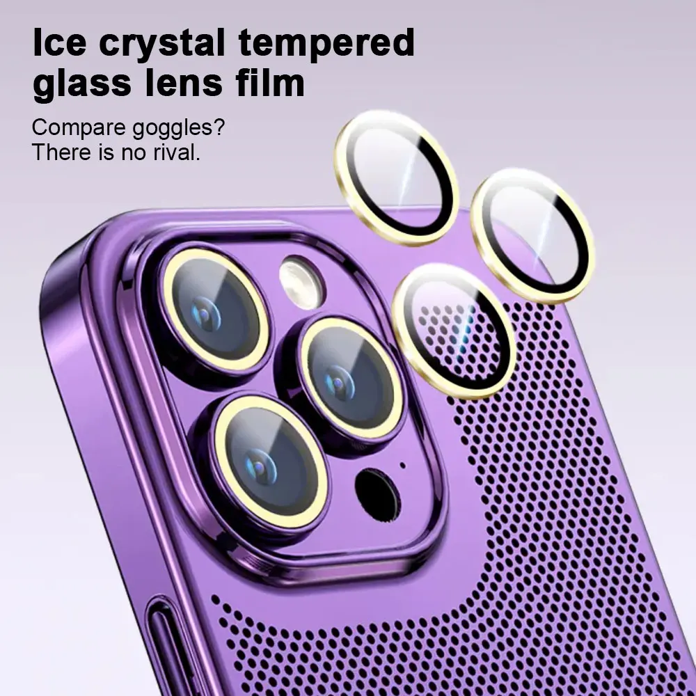 Фото Ультратонкий охлаждающий сетчатый чехол для телефона iPhone 15 14 13 12 11Promax XSMAX с защитой от отпечатков пальцев, чехол из поликарбоната со стеклянной пленкой для объектива №5