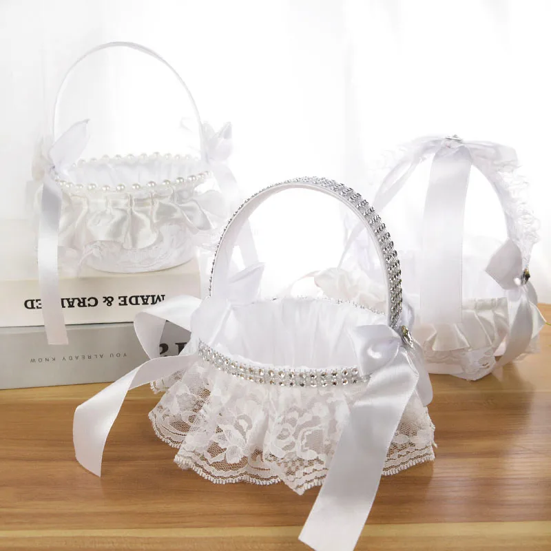 

1Pcs Mini Wedding Flower Girl Basket White Imitation Rhinestone Pearl Flower Basket For Wedding Party Decoration Supplies