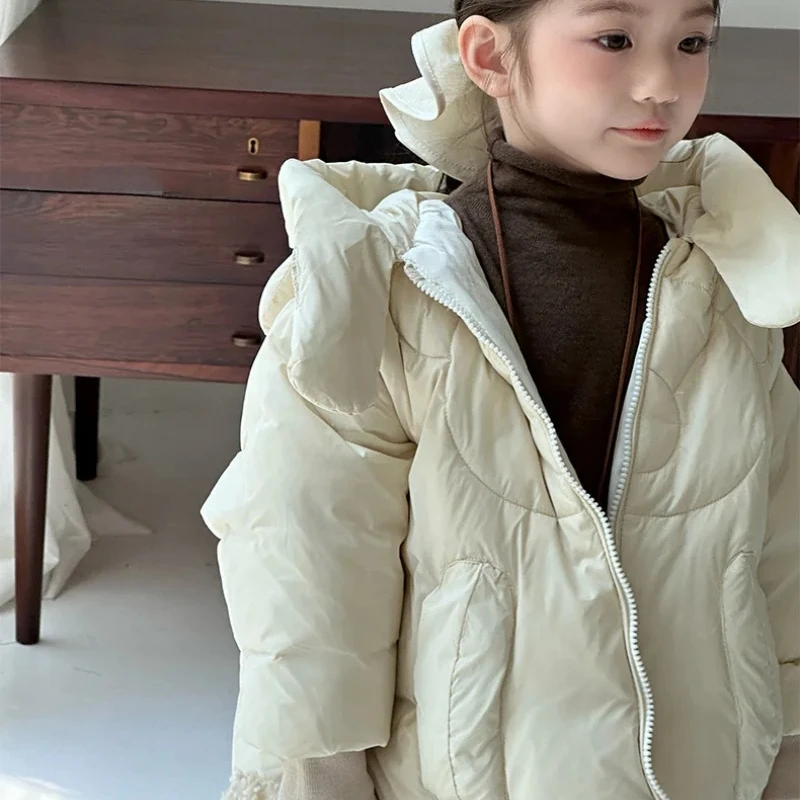2025 겨울 어린이 두꺼운 따뜻한 재킷 스카프 포함 한국 어린이 긴 루즈핏 따뜻한 코트 남아 여아 면 패딩 후드 의상