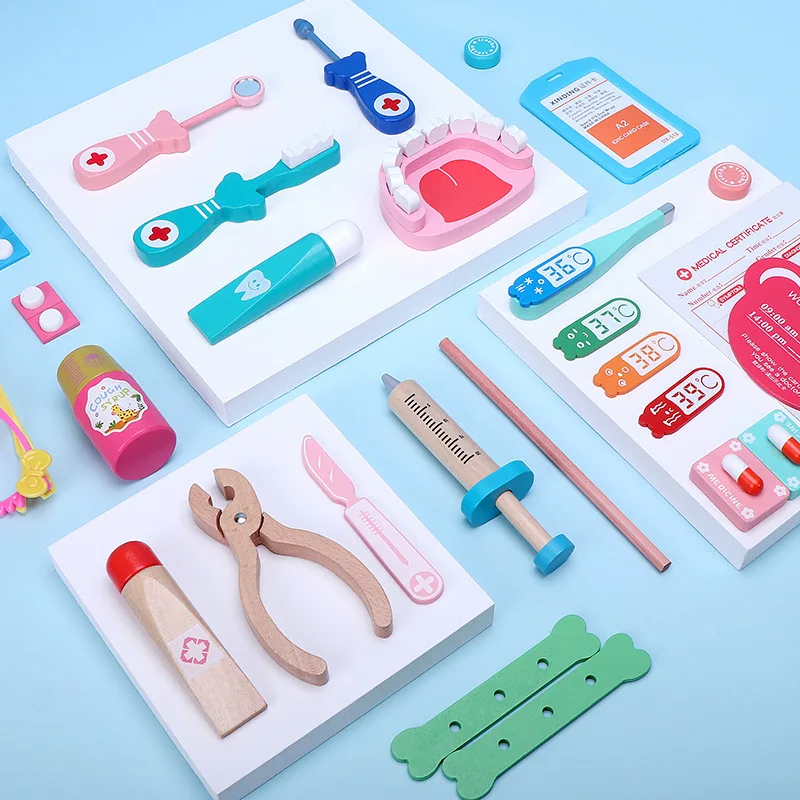 Doctor Kit for Kid Wooden Educational Pretend Medical Play Set Real Stethoscope Simulation Fun Role Doctor Playing Game Boy Gift 3