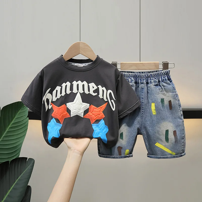 

Summer Teenage Tracksuit Boy Clothes Set Kids Girls Printed T-shirt and Denim Shorts 2pcs Suit Children's Leisure Suit 2-11Years