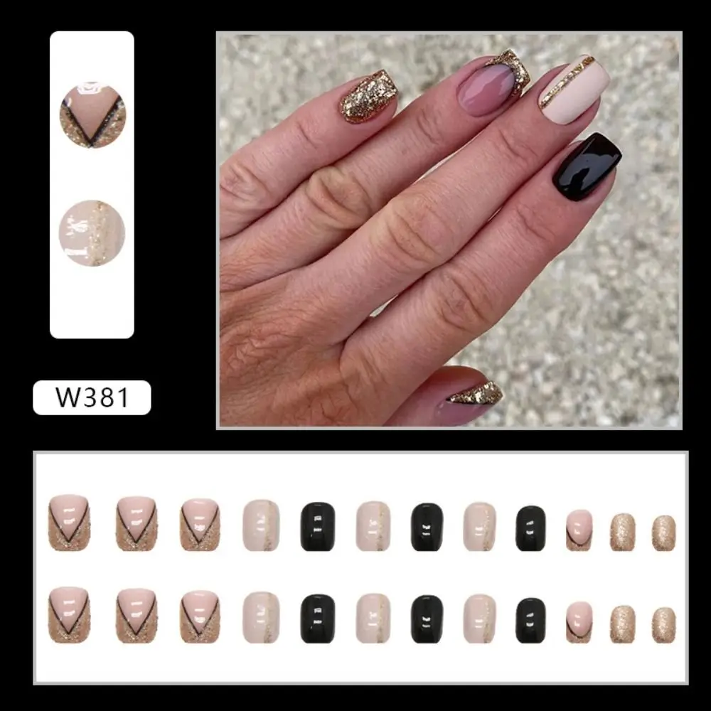 24pcs Manicure DIY Fake Nials False Nails French Short Square Pink Glitter Gold Edge