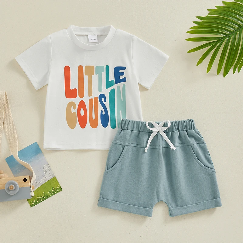 

Toddler Boy Summer Set Round Neck Letter Print Short Sleeve Tops Elastic Folded Hem Shorts Infant Baby 2 Piece Outfits