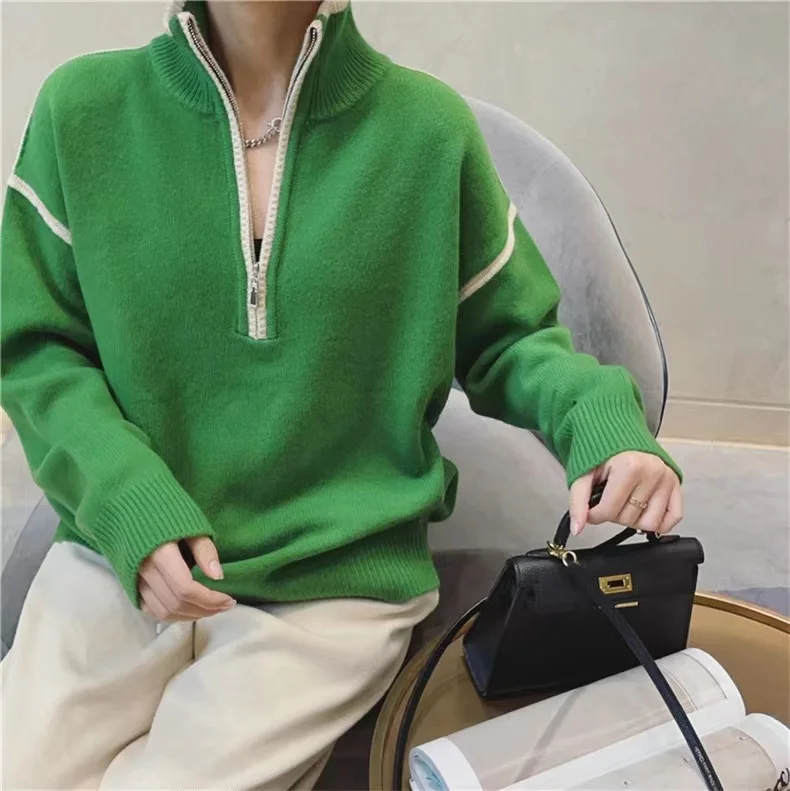 Casual patchwork color half zipper turtleneck cashmere sweater women fall winter pullover sweater loose knit sweater