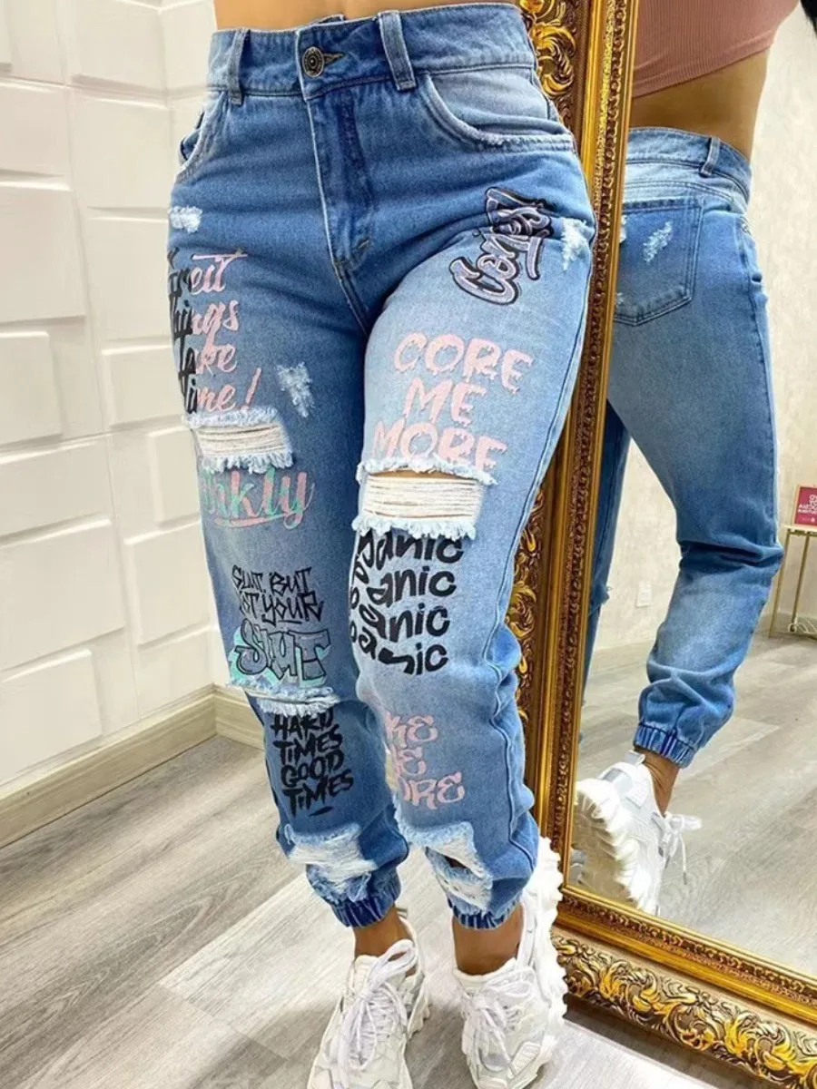 

LW Women Casual Fashion Denim Pants Graffiti Letter Print Slant Pocket Ripped Stretch Jeans Y2k High Waist Vintage Streetwear