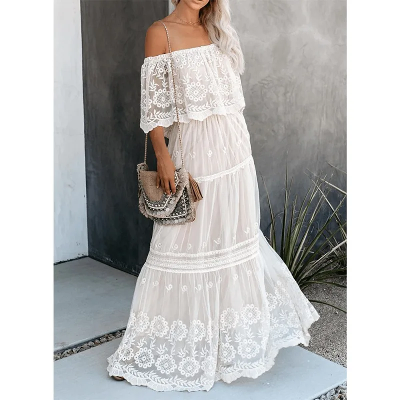 

2024 Summer Women's Elegant High Waist One Shoulder Lace Dress Temperament Commuting Female Fashion Bat Sleeve Casual Dresses