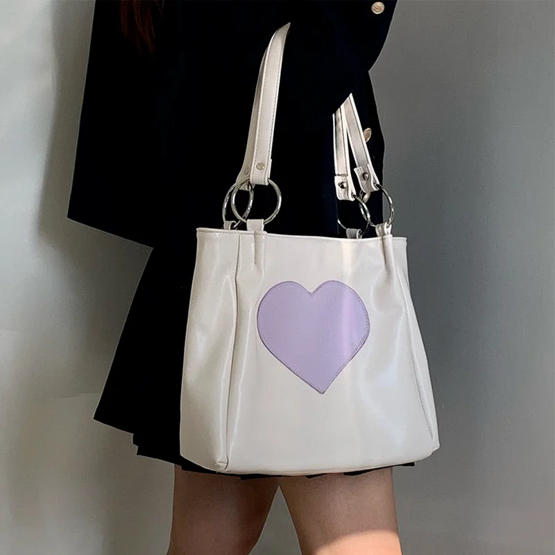 Xiuya Sweet Cute Heart Bag For Women Japanese Preppy Style JK Lolita Shoulder Bag Kawaii Female Candy Color Handbags Pouch 2022