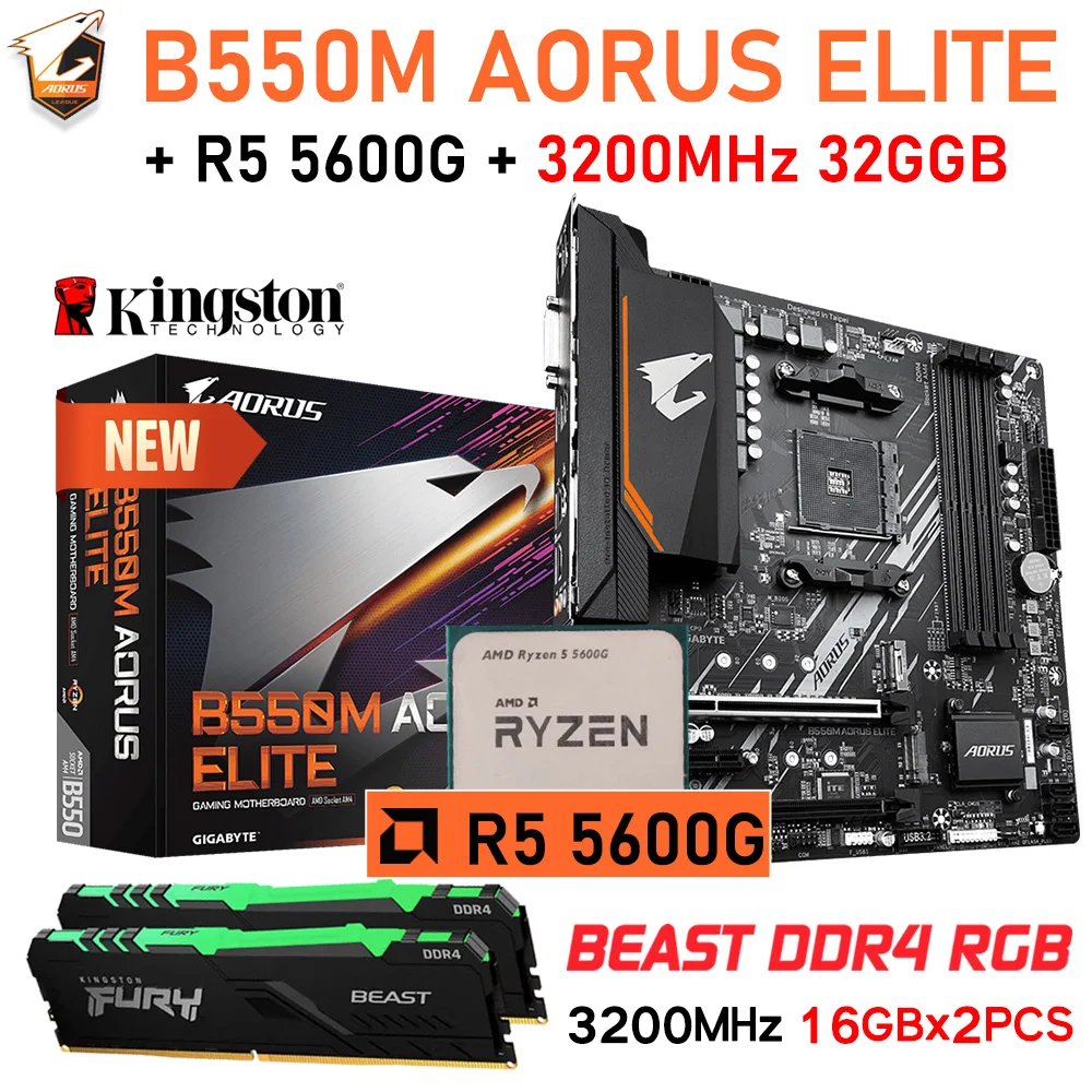 

AMD RYZEN 5 5600G CPU Combo B550 Gigabyte B550M AORUS ELITE AM4 Motherboard DDR4 3200MHz 32GB Kingston RAM RGB Ryzen Kit 5600G