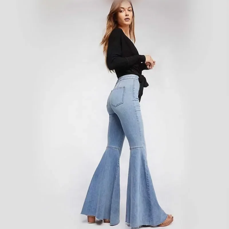 2021 Woman Jean Stretch Flare High Waist Jeans Buttons for Women Denim Pants Large Wide Leg Skinny Pant New Autumn Winter