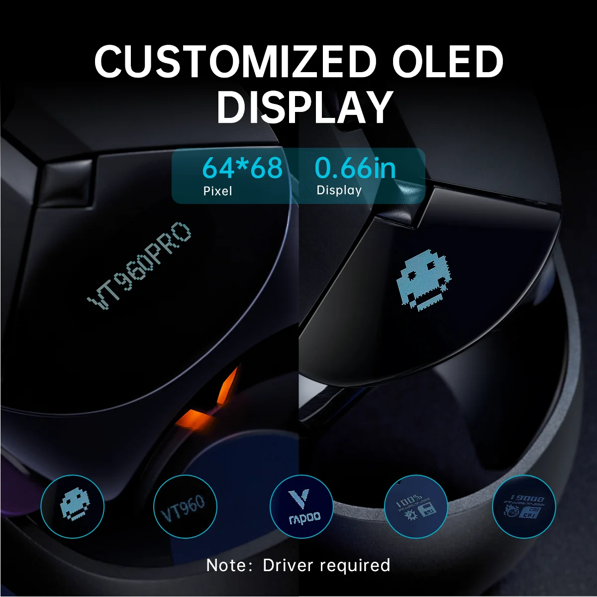 Mouse para Jogos Rgb com ou sem Fio Sensor Paw3395 26000 Dpi Display Oled Botões Programáveis Memória a Bordo Preto Rapoo-vt960pro - Imagem 3