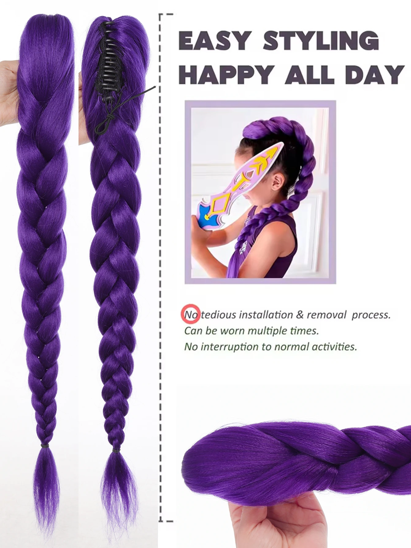 Synthetic Purple Braided Hair Ponytail Extension Clip for Women and Kids