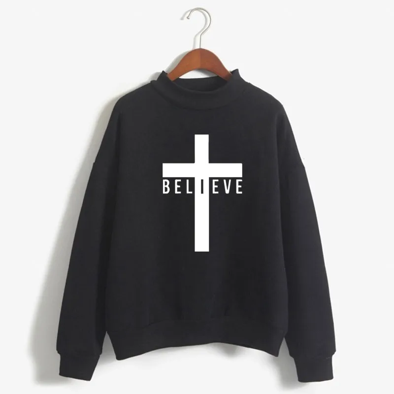

Believe in Jesus Cross Print Woman Sweatshirts Sweet Korean O-neck Knitted Pullover Autumn Winter Candy Color Women Clothing