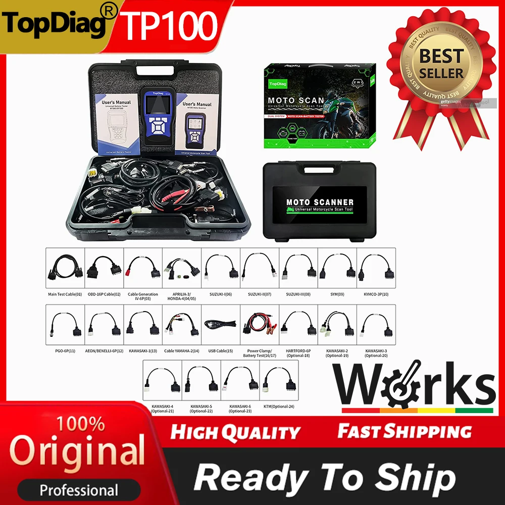 

Адаптер для мотоцикла Motofix TopDiag TP100, обновленный адаптер с полным кабелем M100, стандарт OBDII, универсальный цифровой фотосканер