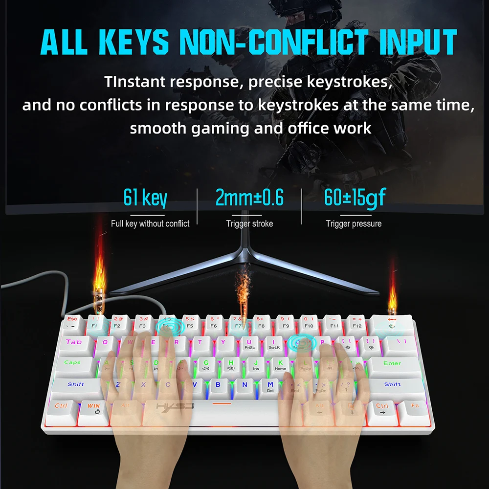 Mini Teclado Mecânico para Jogos Rgb Retroiluminado Teclado pc Teclado com Fio Adequado para Computador Laptop Desktop Ck61 61 Chaves - Imagem 2
