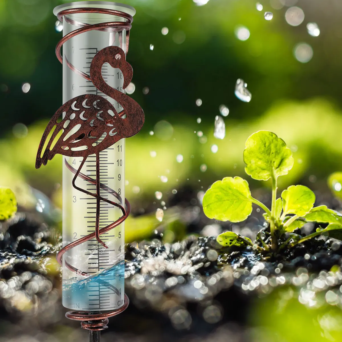 Rain Gauge Metal Spiral Rain Gauge 7Inch Capacity Outdoor Water Gauge Durable Rain Falling Measuring Instrument with Ornament
