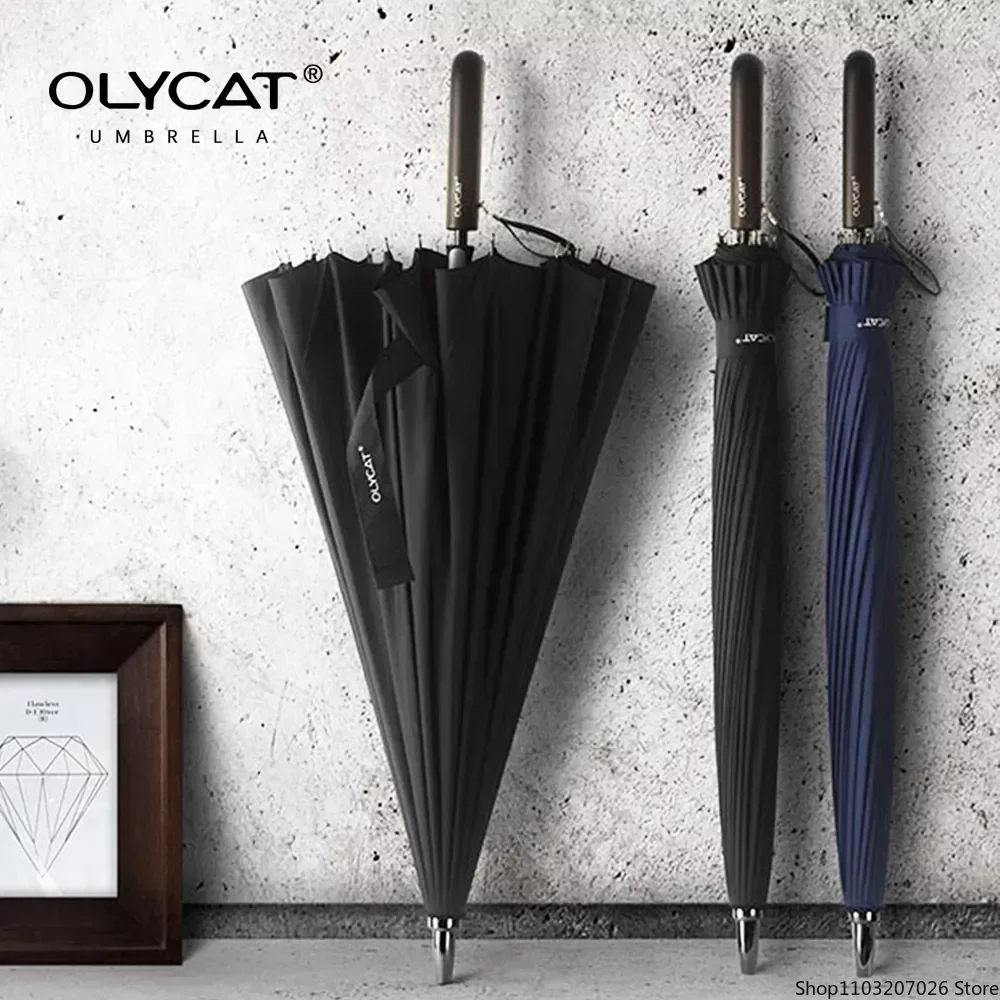 

OLYCAT 24K Straight Long Umbrella Windproof Strong Wooden Handle Rain Umbrella Women Men Business Brand Glassfiber Paraguas