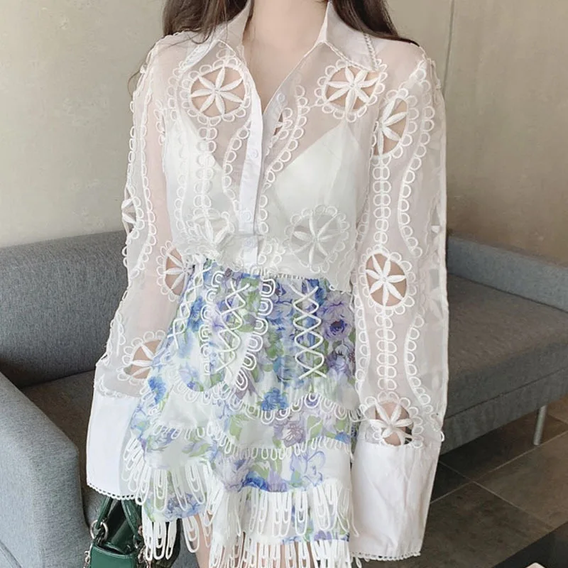 Women Lace See Through Blouse Casual Tops
