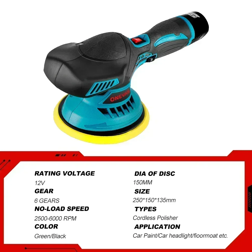 ONEVAN Cordless Car Polisher 6 Gear Speed Adjustable 12V Electric Auto Polishing Machine Home Cleaning Waxing Sanding Machine