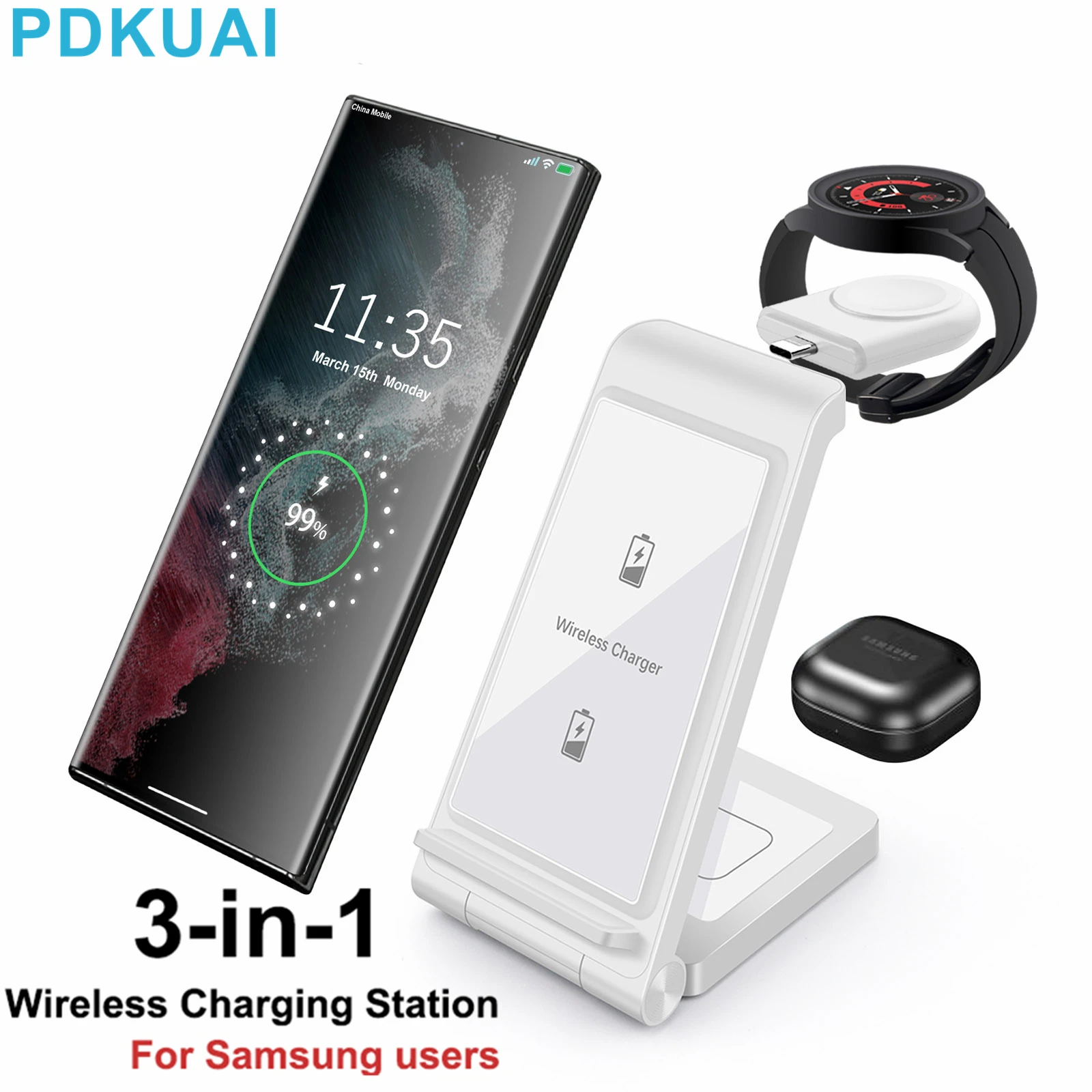 Support de charge sans fil 3 en 1, pour Samsung Watch 5 4 Active 2, Station de charge pour Galaxy S23 Ultra S22 S21 Z Flip Fold4 Buds Pro