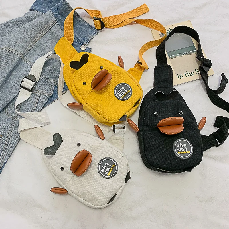

New Korean Yellow Duck Canvas Chest Bag for Kids Black White Pink Large Capacity Shoulder Bags Toiletry Phone Organizer Bags