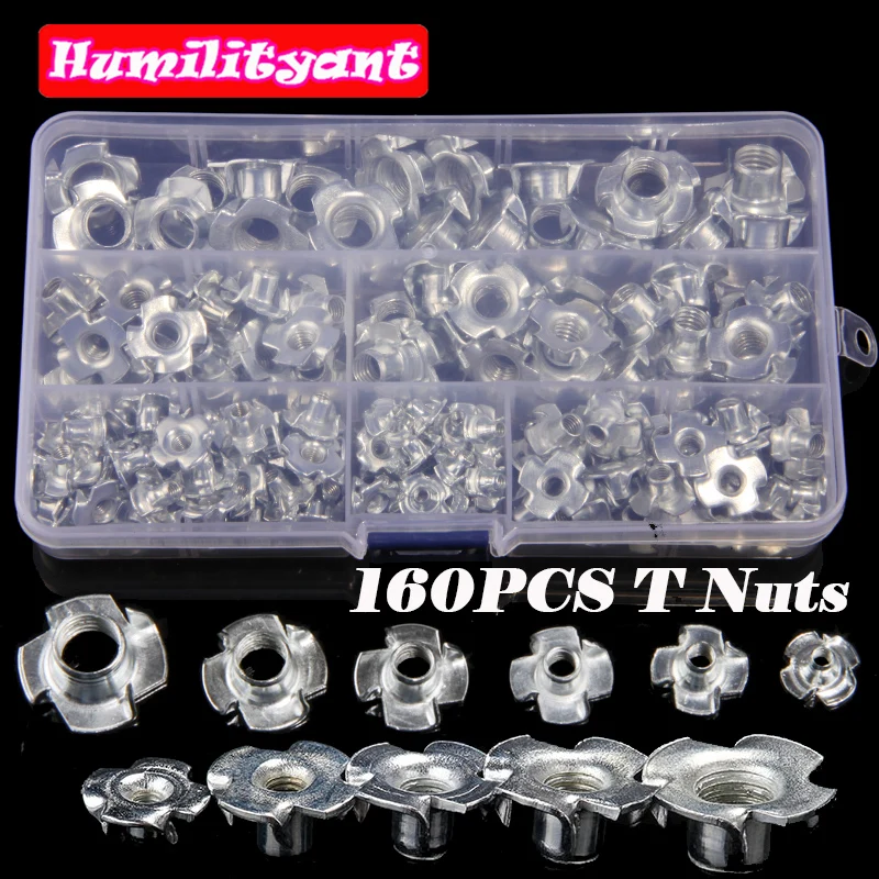 

160PCS Four Pronged T Nuts M3/M4/M5/M6/M8/M10 Zinc Plated Blind Inserts Nut For Wood Furniture