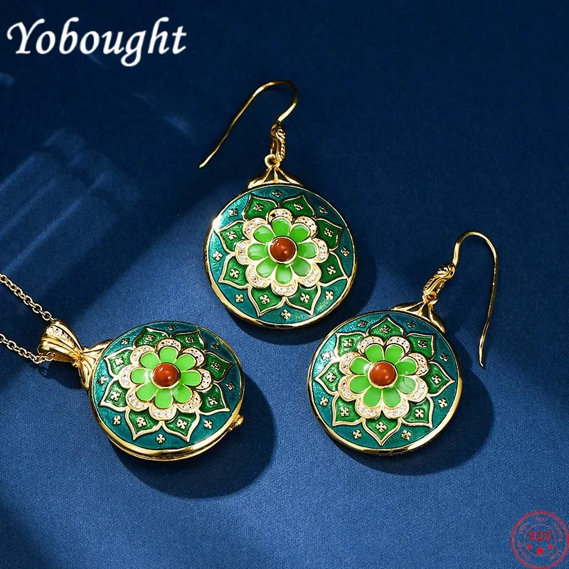 

S925 sterling silver pendants for women new fashion enamel lotus gawu box can be opened ear-drop earrings jewelry free shipping