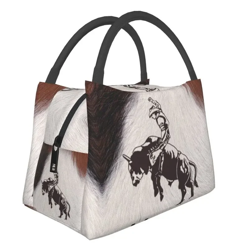 

Custom Western Cowboy Rodeo Bull Riding Cowhide Lunch Bags Men Women Warm Cooler Insulated Lunch Box for Office Travel
