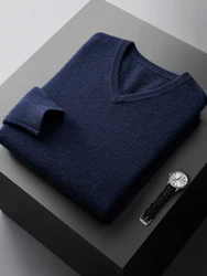 Men's 100% Pure Cashmere Sweater Knitted Long Sleeve High-End Tops V-Neck Pullover Winter Youth Wild Middle-Aged Warm Jumper
