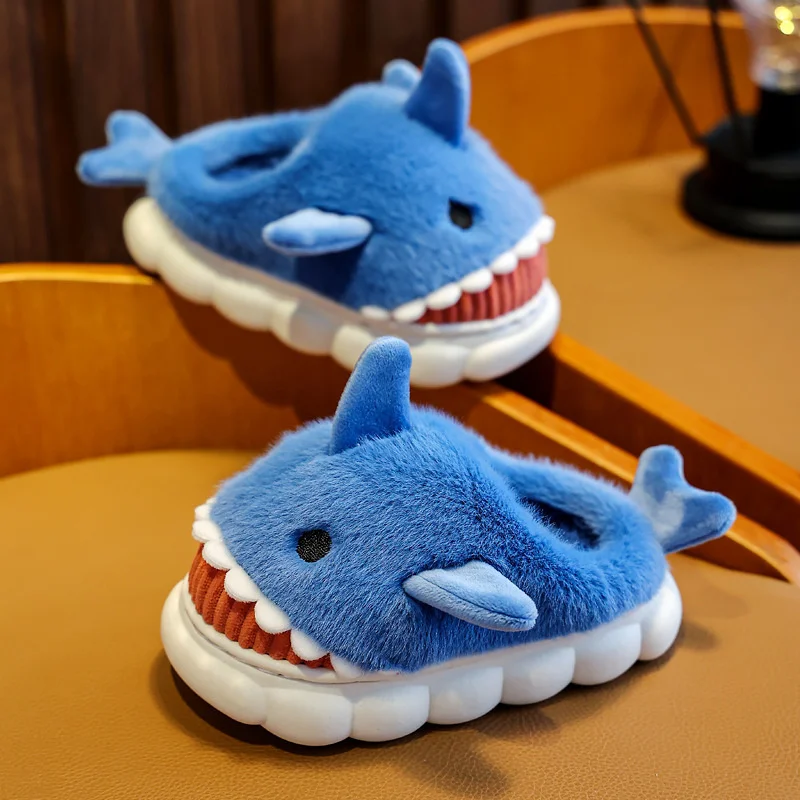 Autumn And Winter Cute Shark Slipper Children's Cotton Home Slippers Boys And Girls Baby Kids Home Warm Thick Soled Wool Slipper