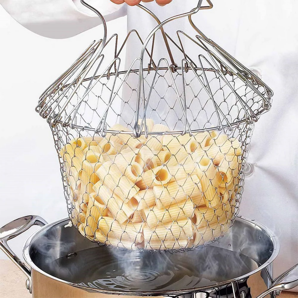 

Foldable Steam Rinse Strain Fry French Chef Basket Magic Basket Mesh Basket Strainer Net Kitchen Cooking Tool